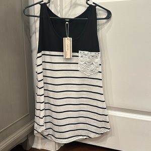 Black & white striped tank top with lace pocket. NWT.